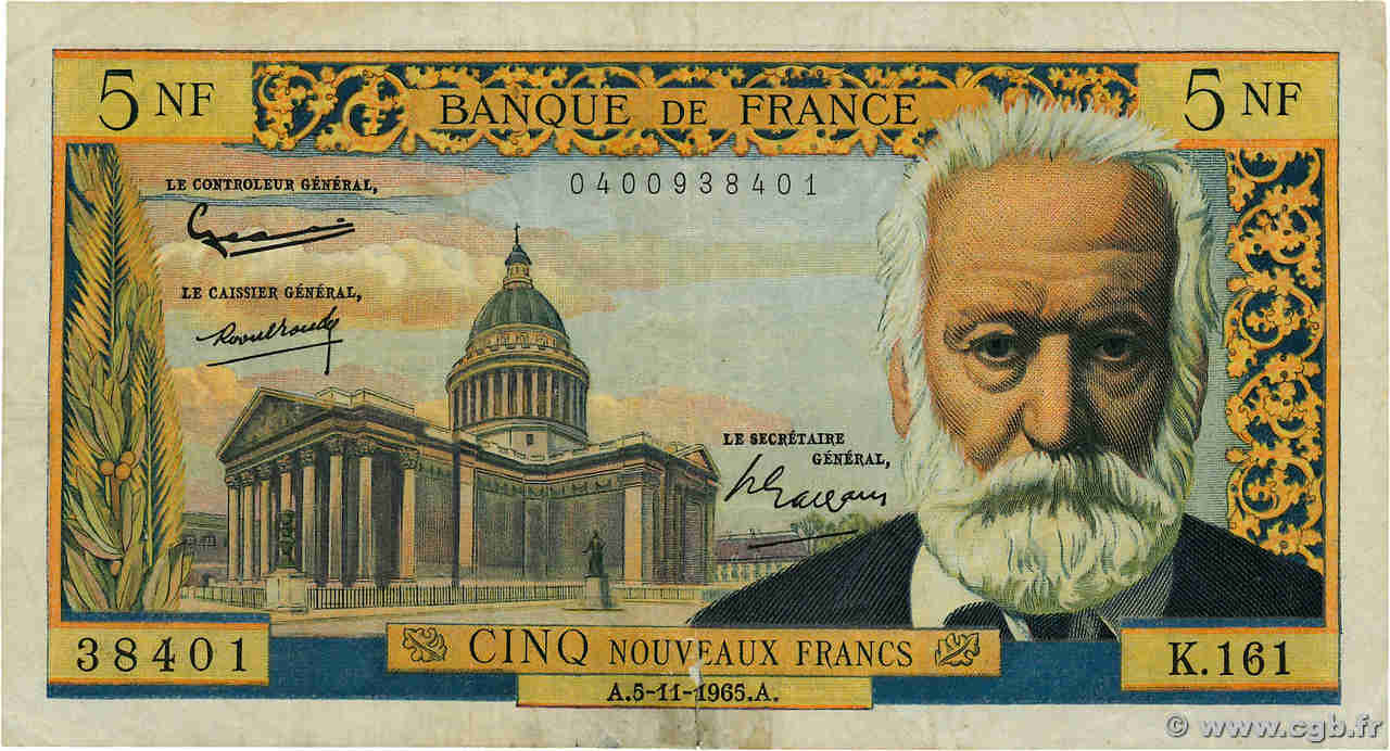 5 Nouveaux Francs VICTOR HUGO FRANCIA  1965 F.56.21 RC+