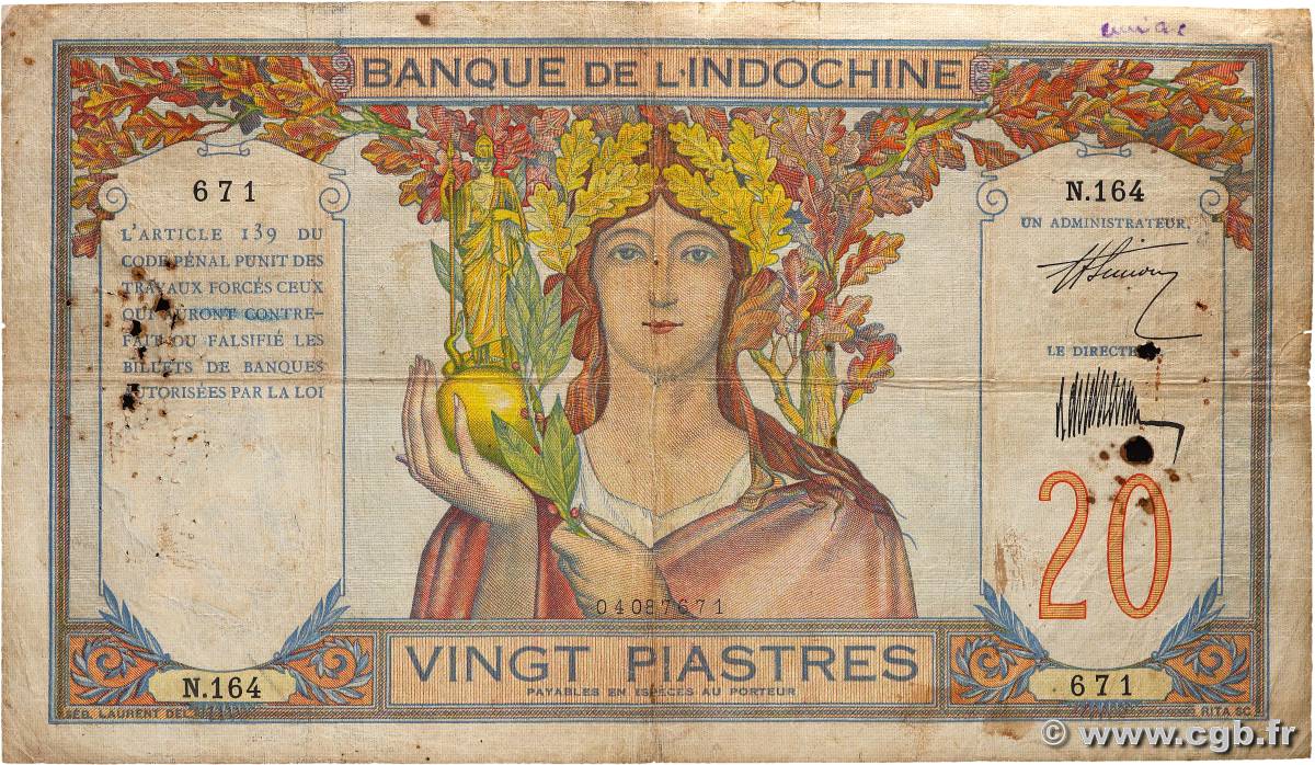 20 Piastres INDOCHINE FRANÇAISE  1927 P.050 B+