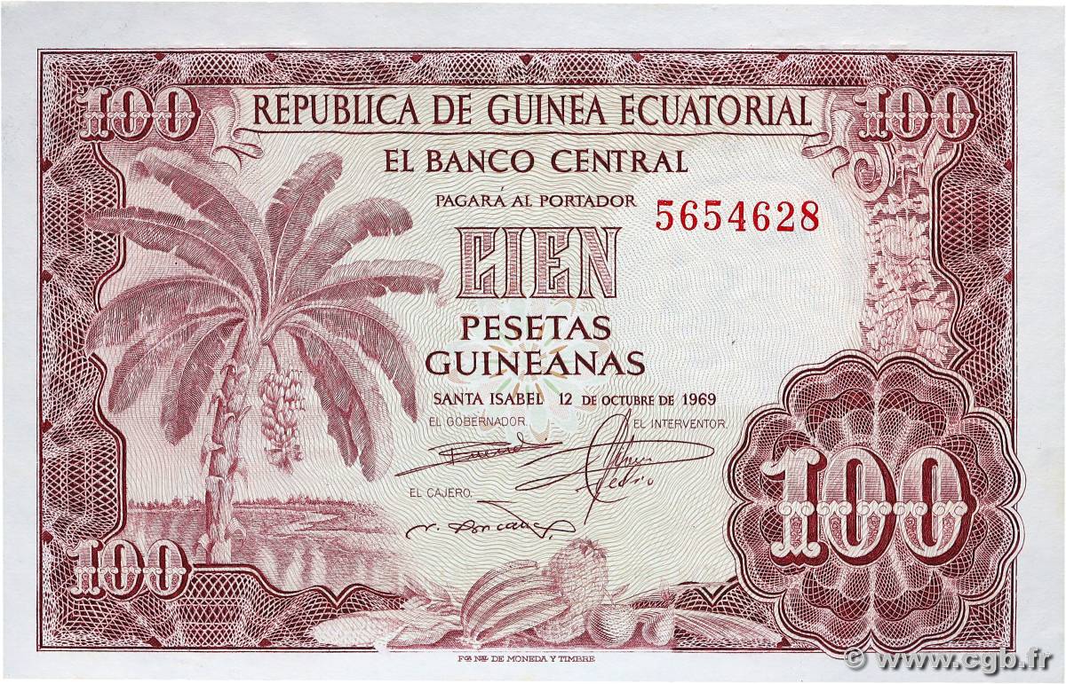 100 Pesetas Guineanas GUINÉE ÉQUATORIALE  1969 P.01 NEUF