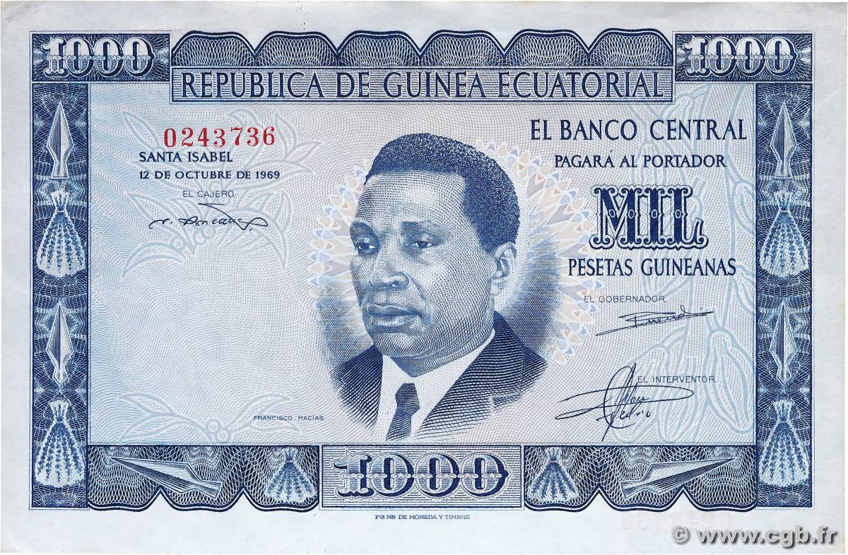 1000 Pesetas Guineanas GUINEA EQUATORIALE  1969 P.03 AU+