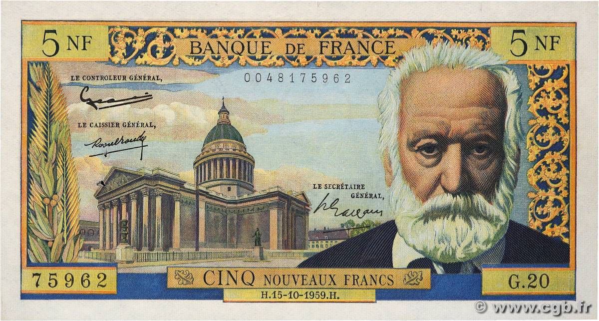 5 Nouveaux Francs VICTOR HUGO FRANCE  1959 F.56.03 SUP