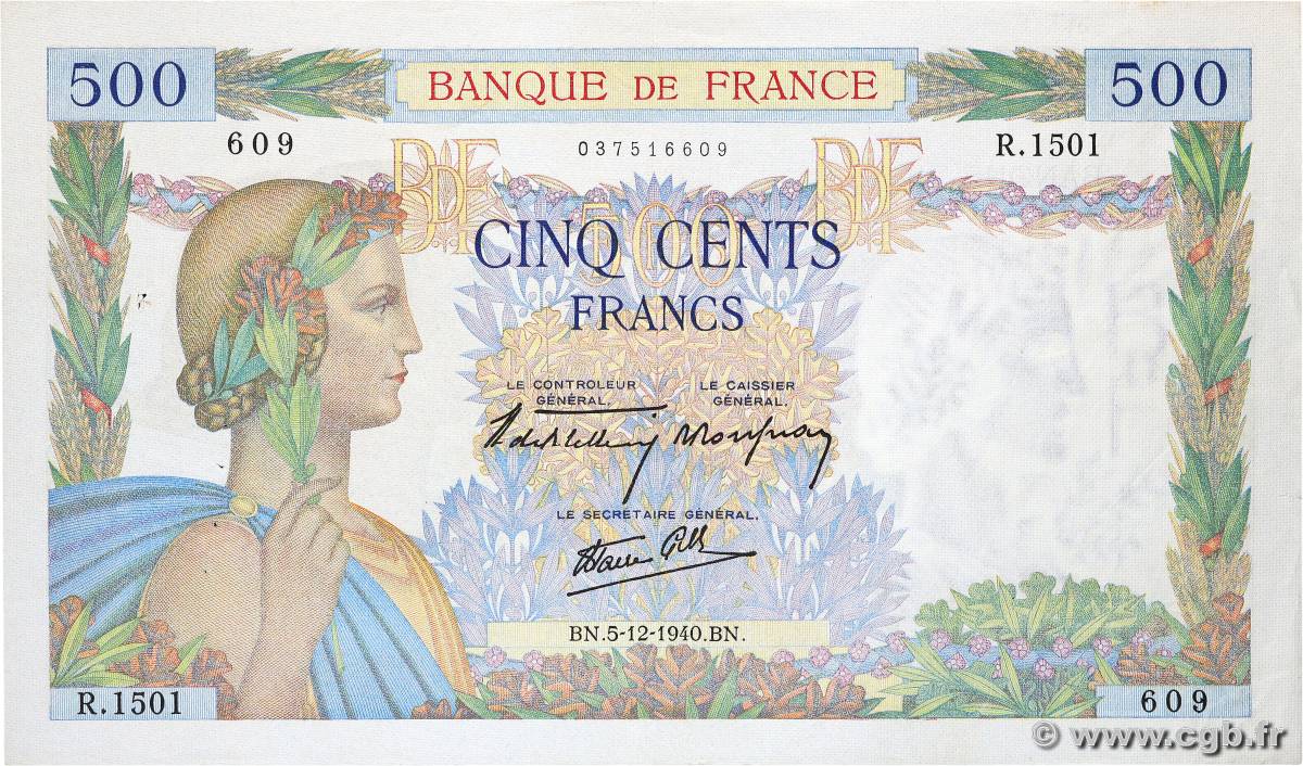 500 Francs LA PAIX FRANCE  1940 F.32.10 pr.SUP