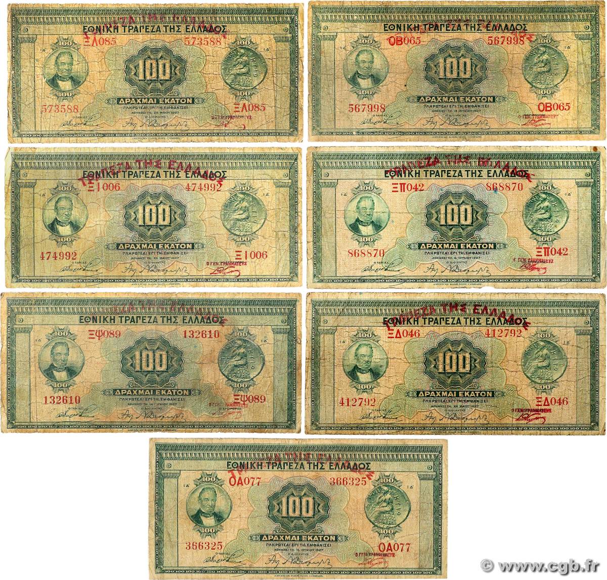 100 Drachmes Lot GREECE  1928 P.098a G