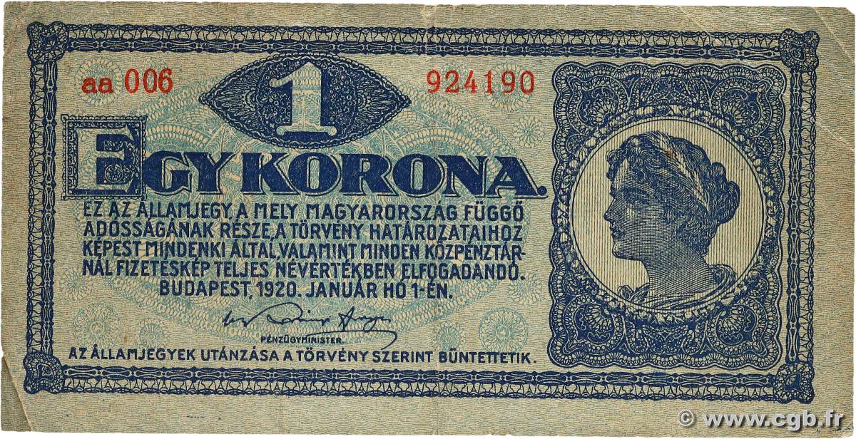 1 Korona HUNGARY  1920 P.057 F