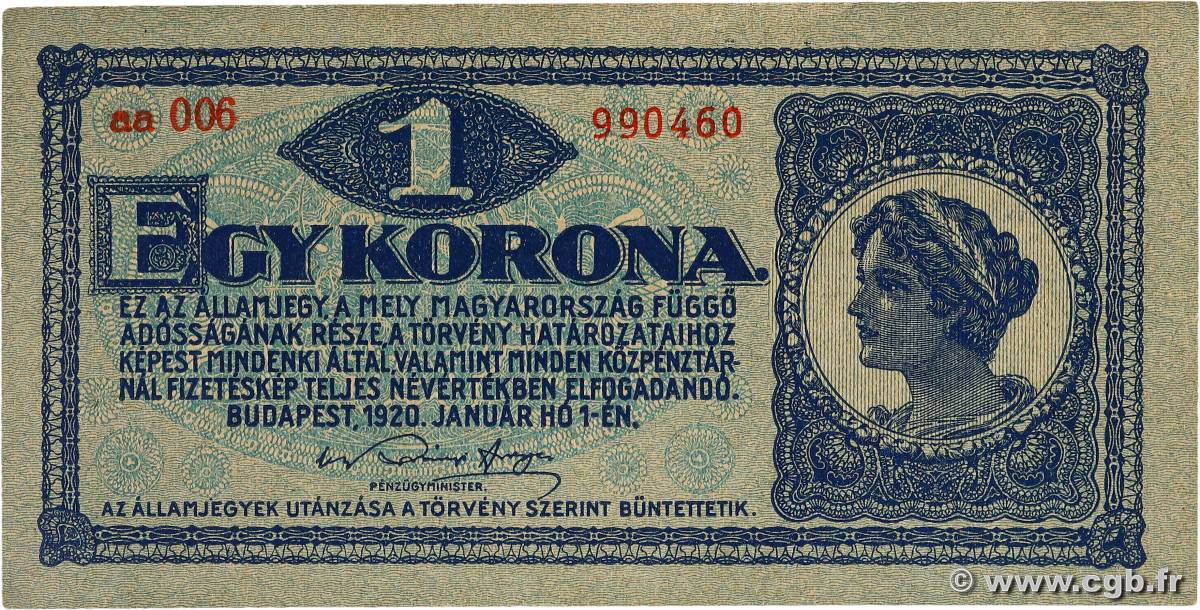 1 Korona UNGHERIA  1920 P.057 SPL