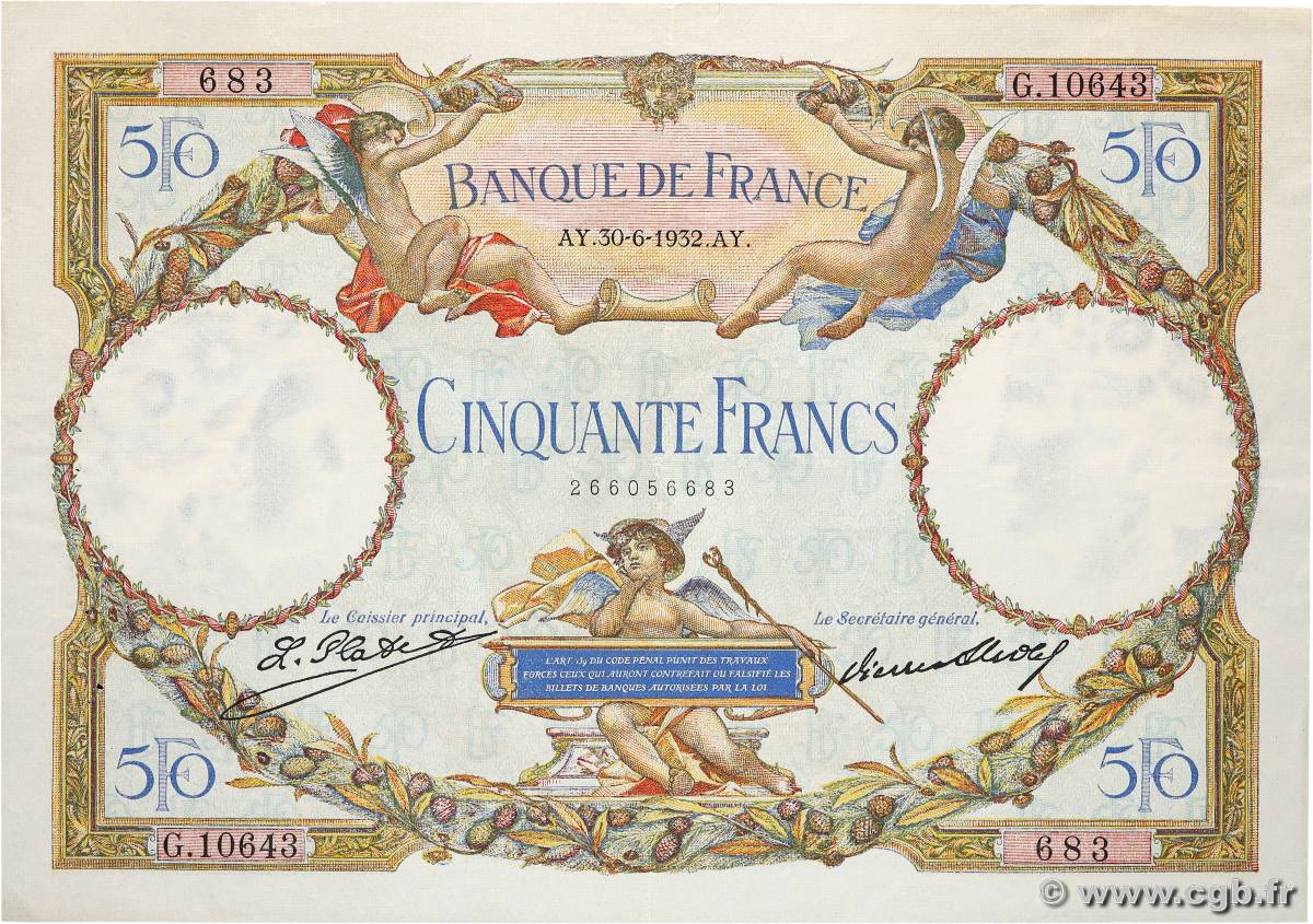 50 Francs LUC OLIVIER MERSON type modifié FRANCIA  1932 F.16.03 q.SPL