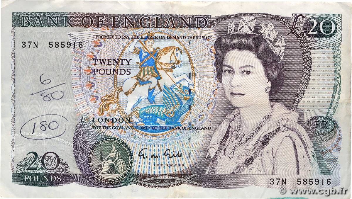 20 Pounds ENGLAND  1988 P.380e F+