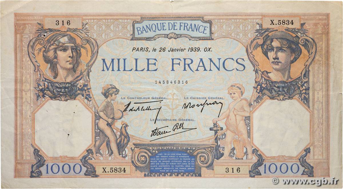 1000 Francs CÉRÈS ET MERCURE type modifié FRANCE  1939 F.38.33 F+