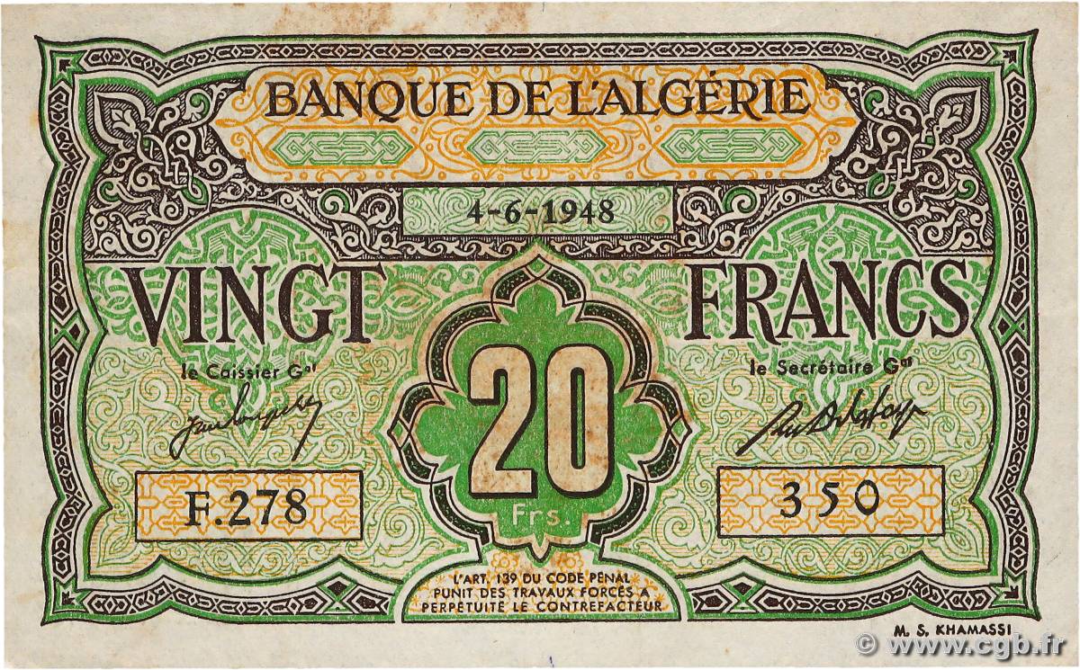 20 Francs ALGERIA  1948 P.103 VF