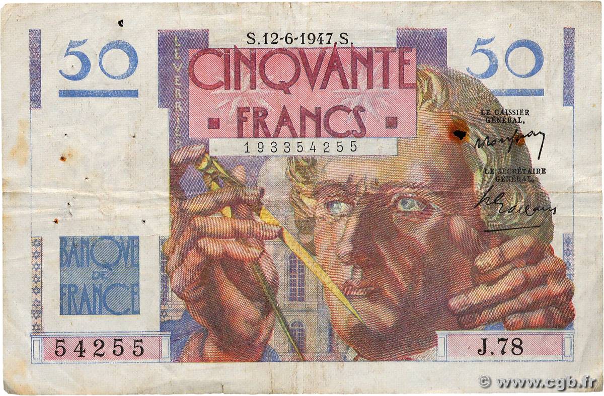 50 Francs LE VERRIER FRANCE  1947 F.20.08 VG