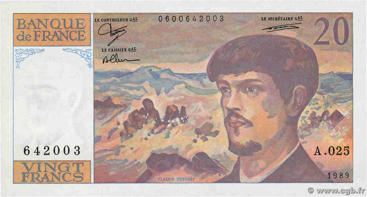 20 Francs DEBUSSY FRANCIA  1989 F.66.10A25 FDC