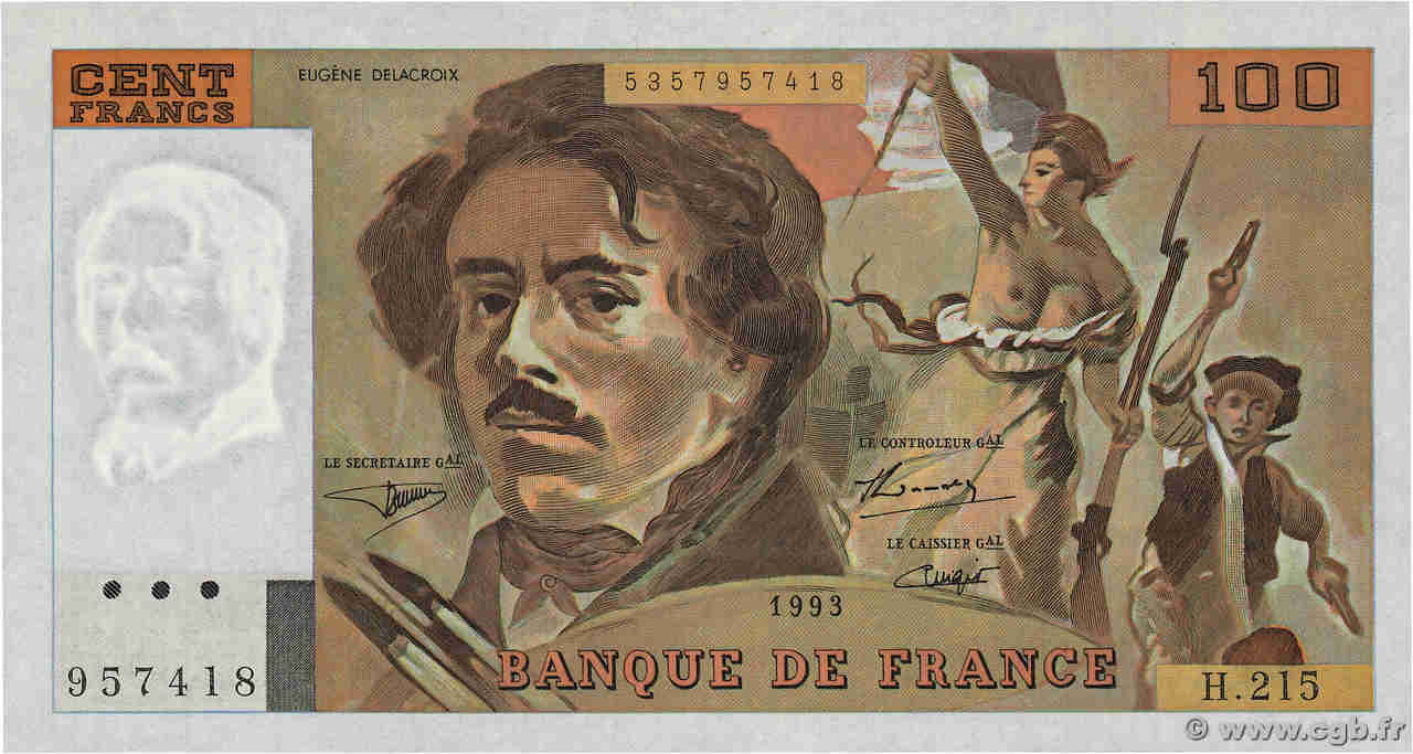 100 Francs DELACROIX imprimé en continu FRANCE  1993 F.69bis.06b215 UNC-