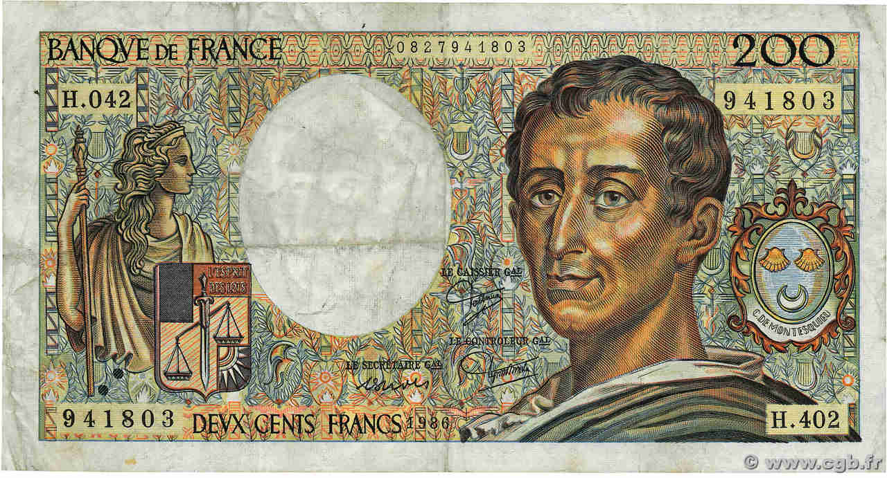 200 Francs MONTESQUIEU alphabet H.402 FRANCIA  1986 F.70ter.01 q.BB