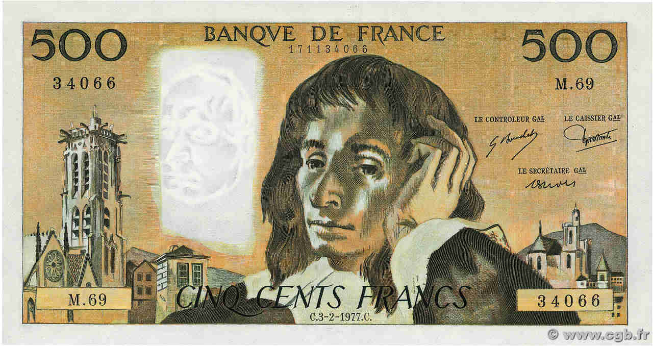 500 Francs PASCAL FRANCE  1977 F.71.16 UNC