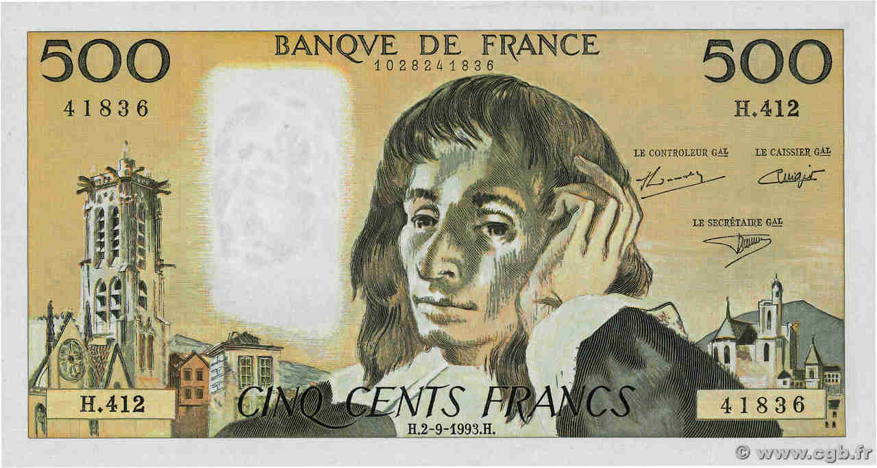 500 Francs PASCAL FRANCIA  1993 F.71.52-412 FDC