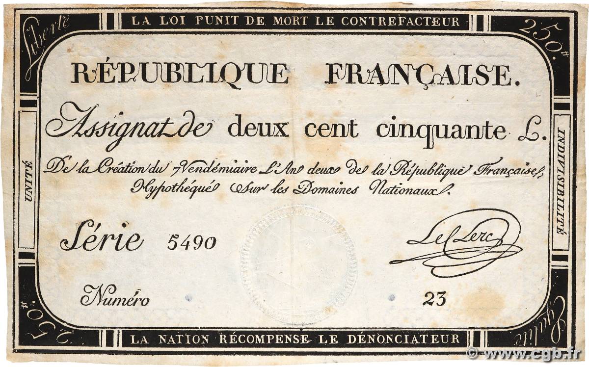 250 Livres FRANCE  1793 Ass.45a TTB