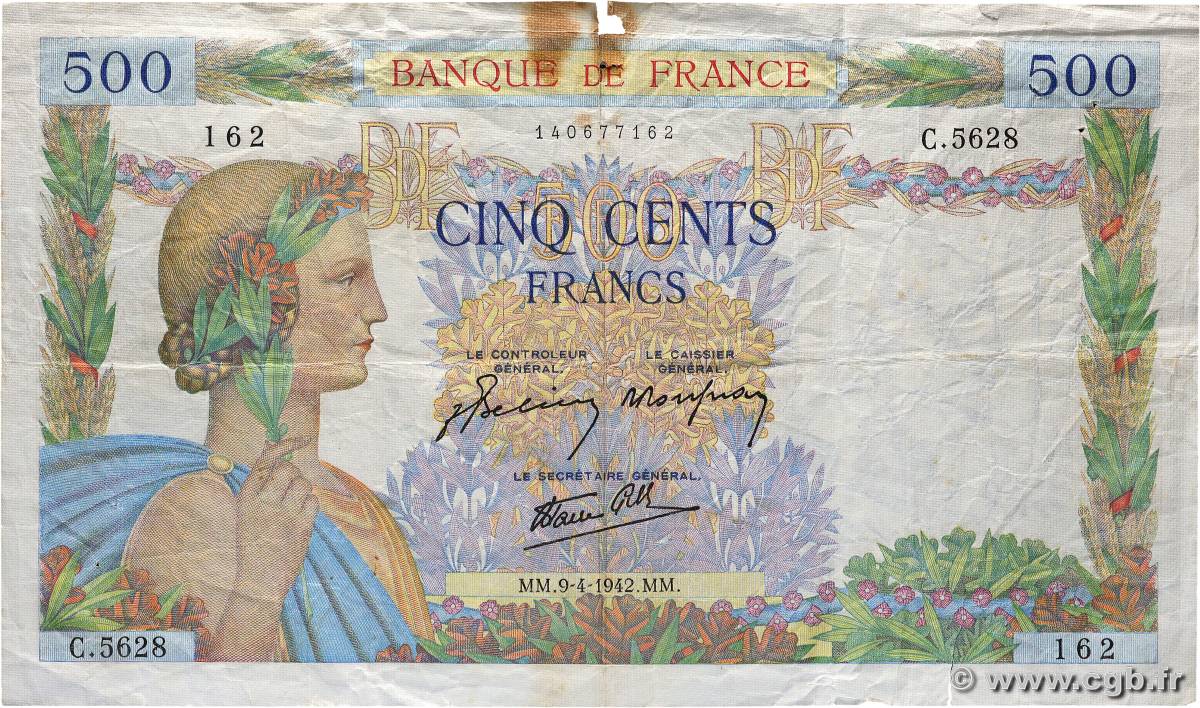 500 Francs LA PAIX FRANCIA  1942 F.32.34 MB