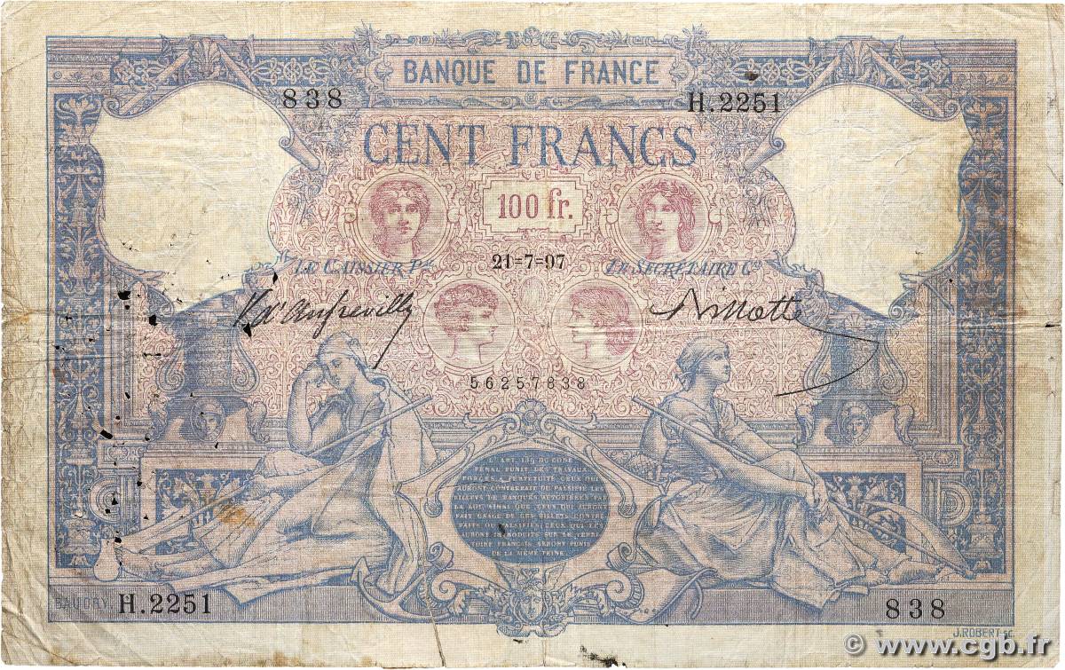 100 Francs BLEU ET ROSE FRANCE  1897 F.21.10 B