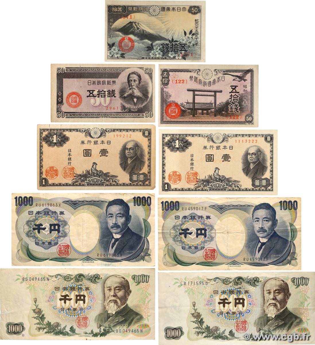 50 à 1000 Yen Lot GIAPPONE  1940 P.LOT q.SPL