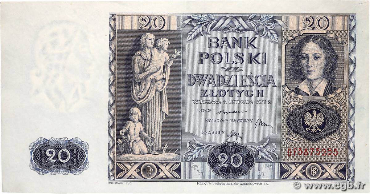 20 Zlotych POLOGNE  1936 P.077 pr.NEUF