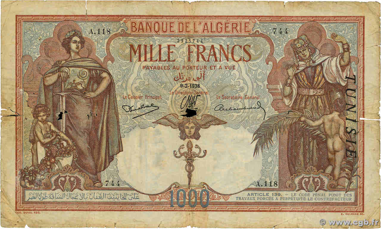 1000 Francs TUNISIE  1938 P.11b B