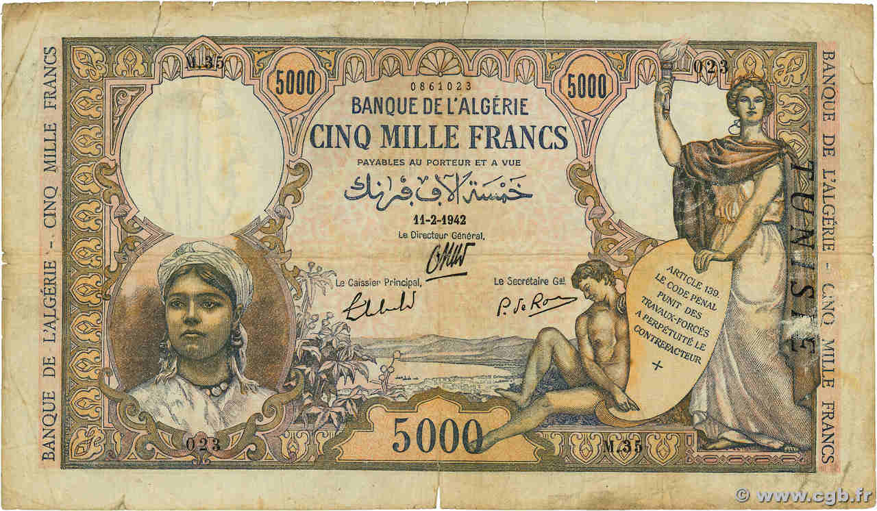 5000 Francs TUNISIA  1942 P.21 VG