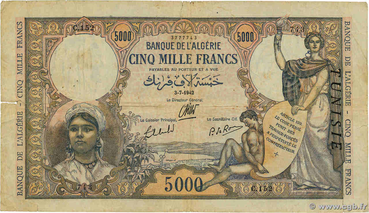 5000 Francs TUNISIA  1942 P.21 VG