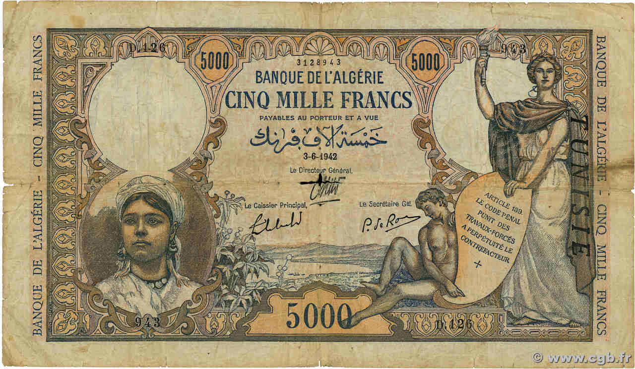5000 Francs TUNISIA  1942 P.21 G