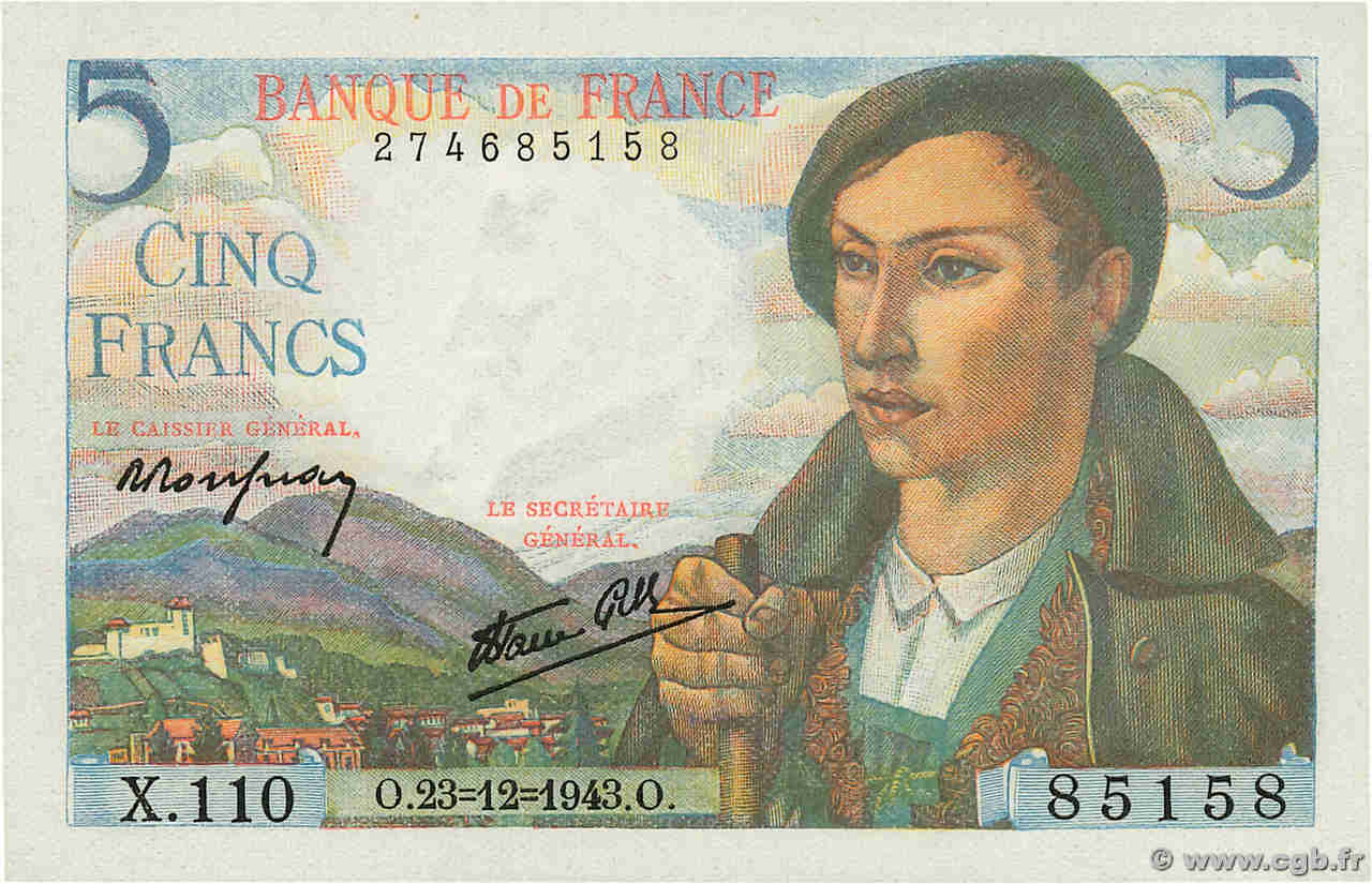 5 Francs BERGER Numéro radar FRANCE  1943 F.05.05 UNC