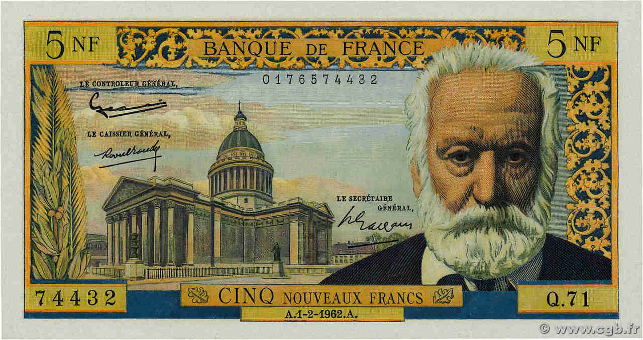 5 Nouveaux Francs VICTOR HUGO FRANKREICH  1962 F.56.10 ST