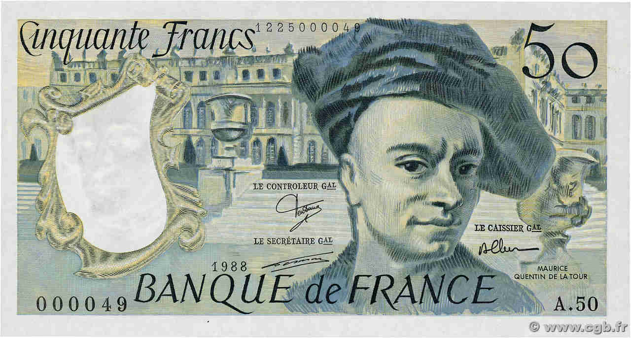 50 Francs QUENTIN DE LA TOUR Petit numéro FRANCE  1988 F.67.14A50 UNC