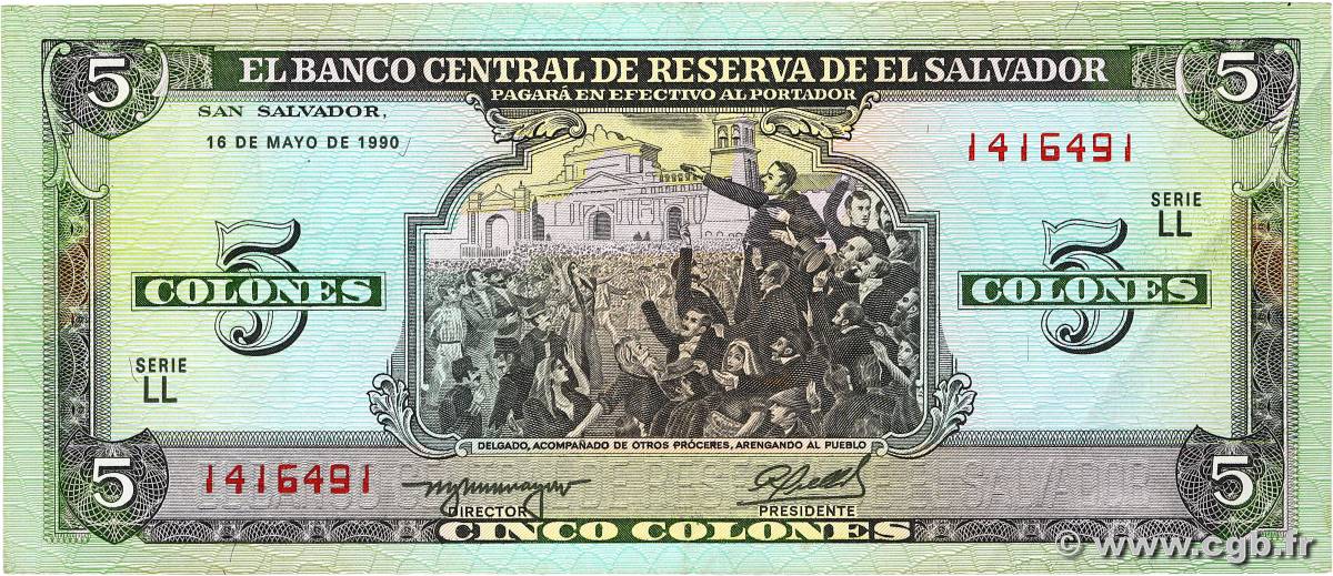 5 Colones EL SALVADOR  1990 P.138 XF+