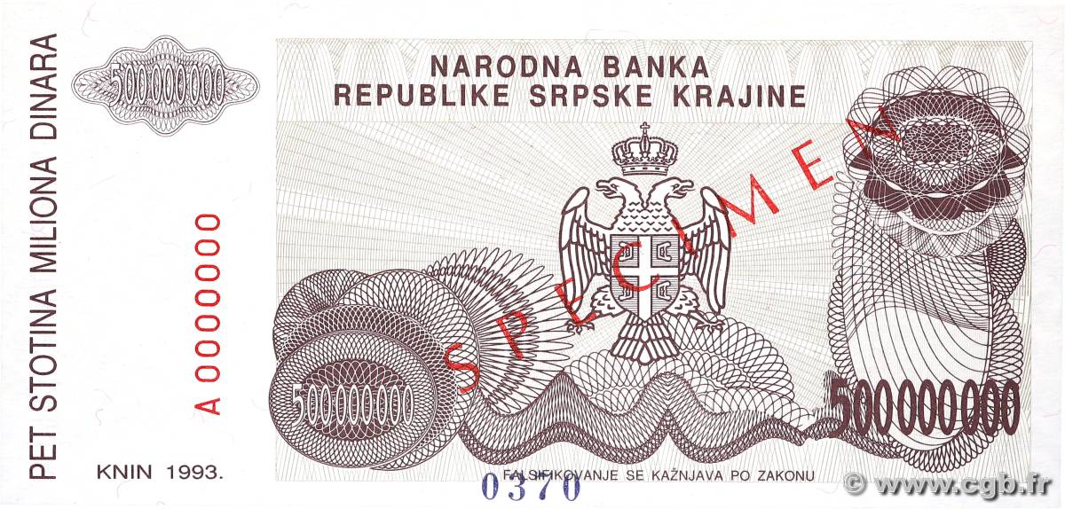 500000 Dinara Spécimen CROACIA  1993 P.R23s FDC