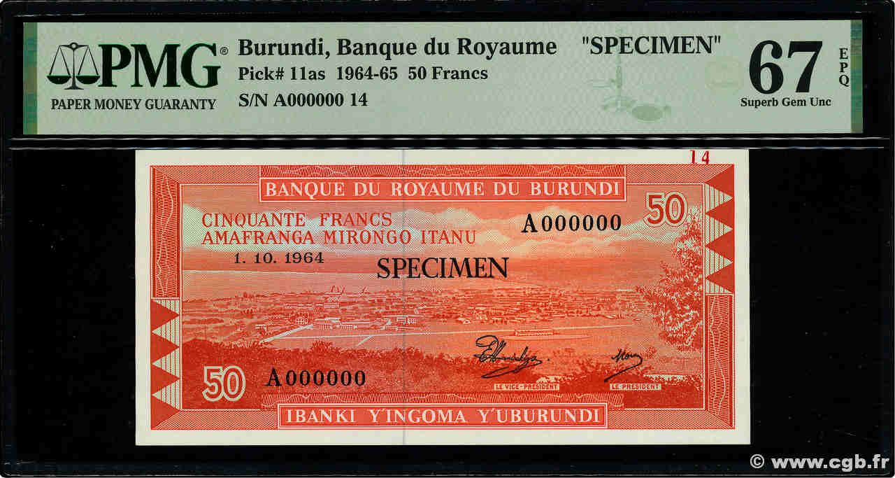 50 Francs Spécimen BURUNDI  1964 P.11as UNC