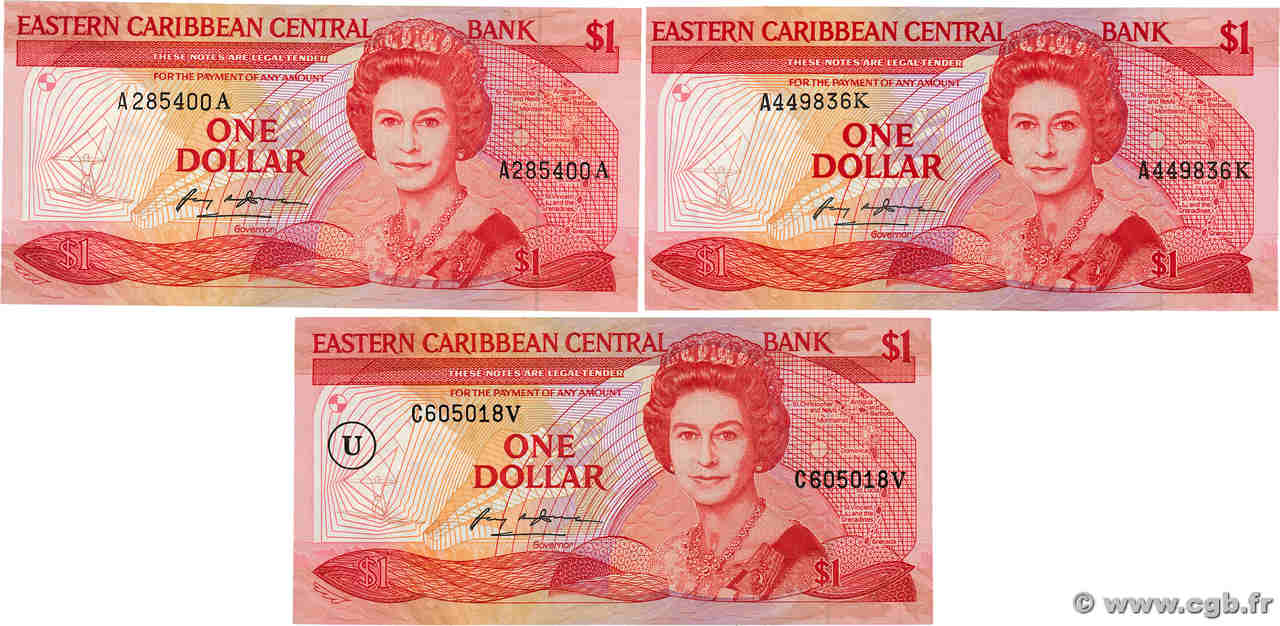 1 Dollar Lot EAST CARIBBEAN STATES  1985 P.17a-k-u UNC