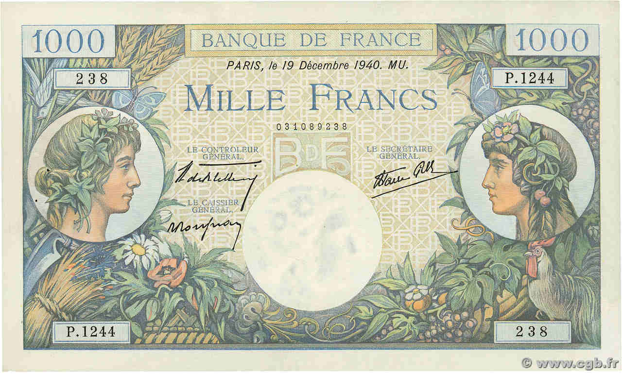 1000 Francs COMMERCE ET INDUSTRIE FRANCE  1940 F.39.03 XF