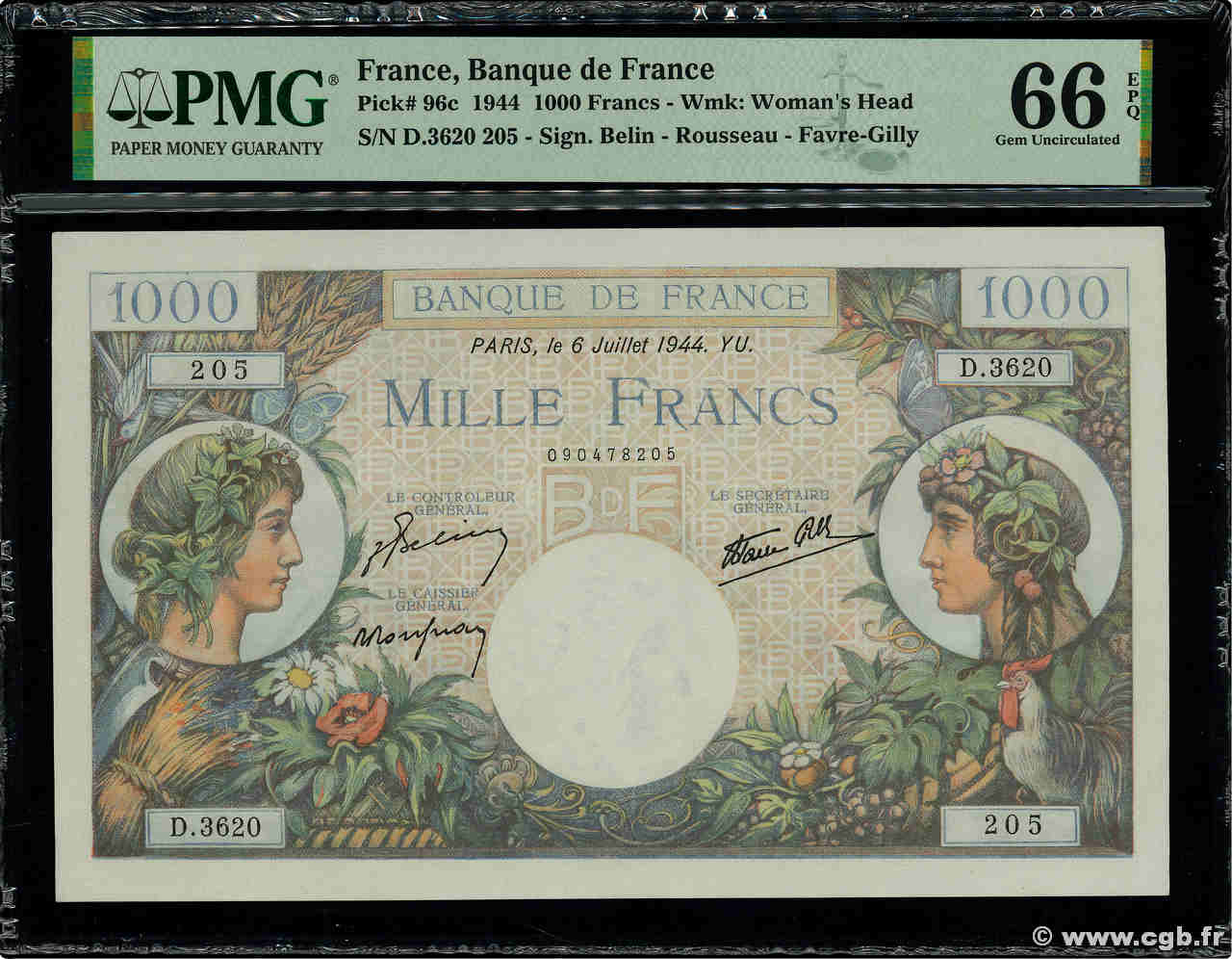 1000 Francs COMMERCE ET INDUSTRIE FRANCIA  1944 F.39.10 FDC