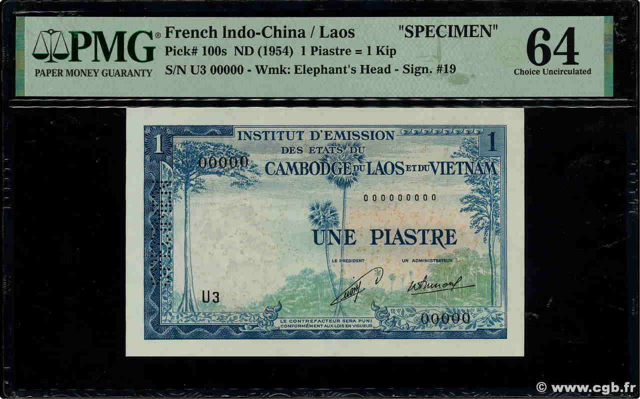 1 Piastre - 1 Kip Spécimen INDOCHINE FRANÇAISE  1954 P.100s pr.NEUF