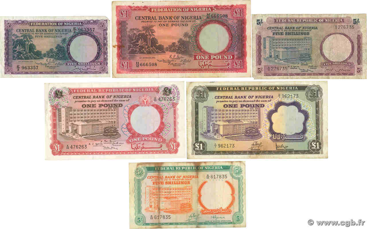 5 Shillings et 1 Pound Lot NIGERIA  1958 P.02a et 04a, P.06 et 08, P10b et 12a F
