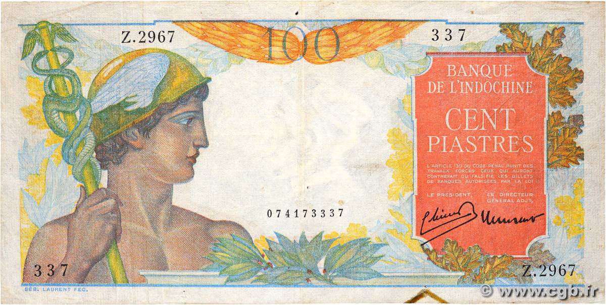 100 Piastres INDOCHINE FRANÇAISE  1947 P.082b TB+