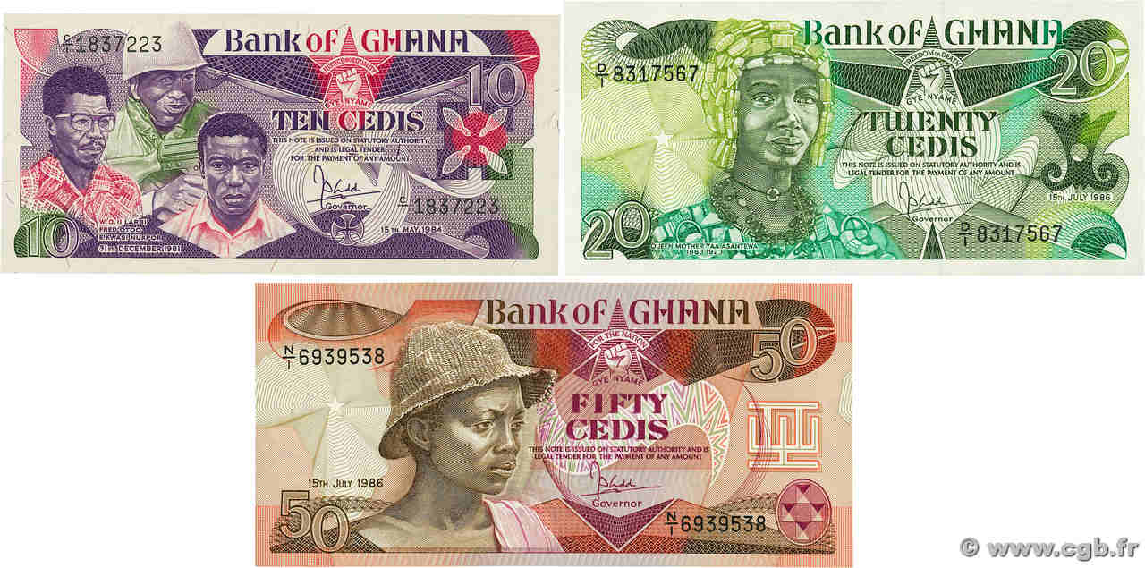 10, 20 et 50 Cedis Lot GHANA  1984 P.23a, P.24a et P.25a ST