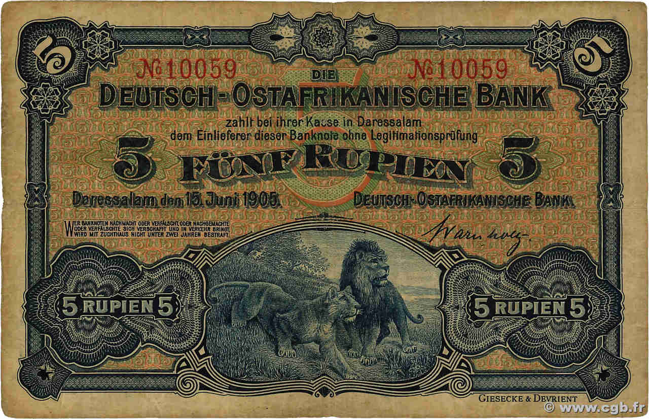 5 Rupien Deutsch Ostafrikanische Bank  1905 P.01 BC+