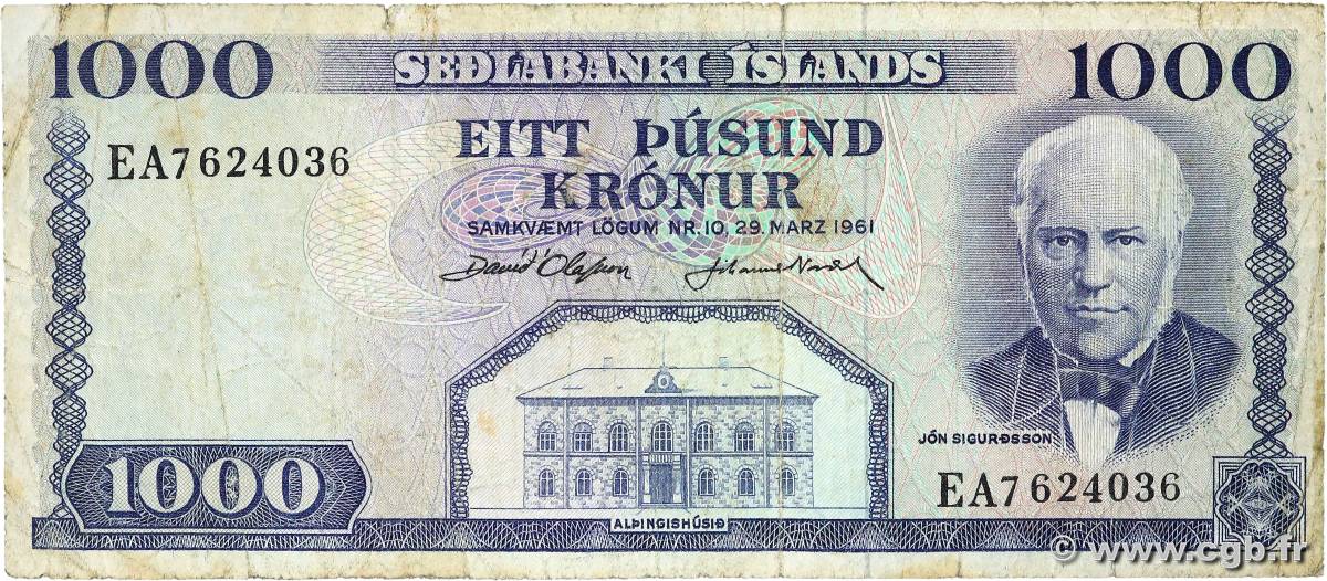 1000 Kronur ICELAND  1961 P.46a VG