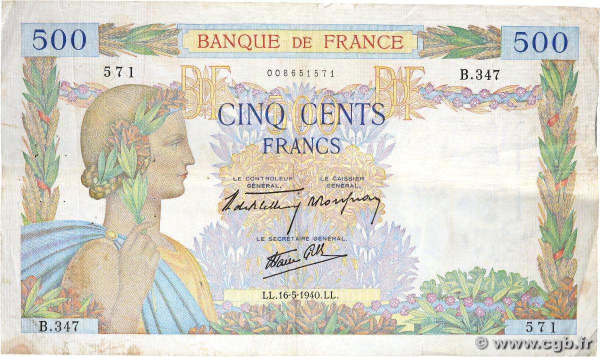 500 Francs LA PAIX FRANCE  1940 F.32.02 TB