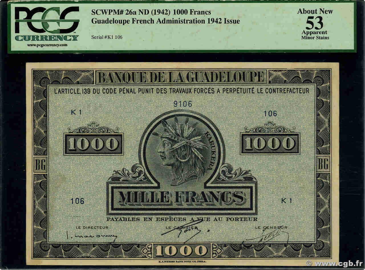 1000 Francs Karukera GUADELOUPE  1943 P.26a VZ+