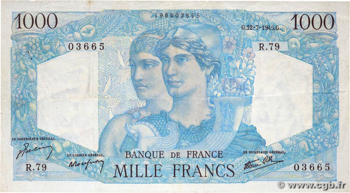 1000 Francs MINERVE ET HERCULE FRANCE  1945 F.41.06 TB+