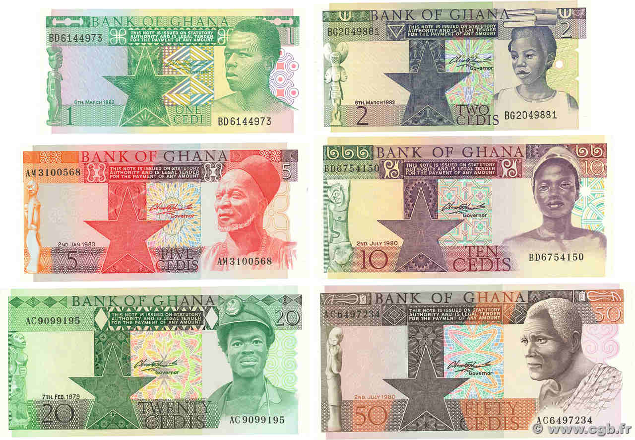 1 au 50 Cedis Lot GHANA  1980 P.17 au P.22 fST+