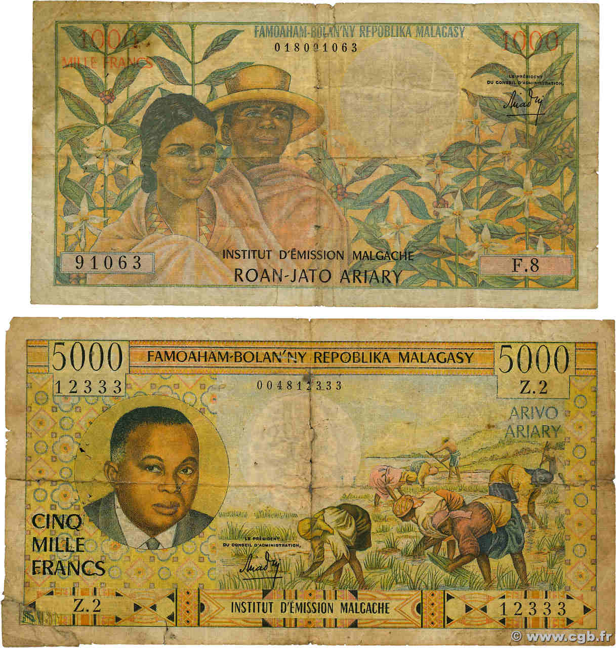 1000 Francs - 200 Ariary et 5000 Francs - 1000 Ariary Lot MADAGASCAR  1966 P.059a et P.060a B