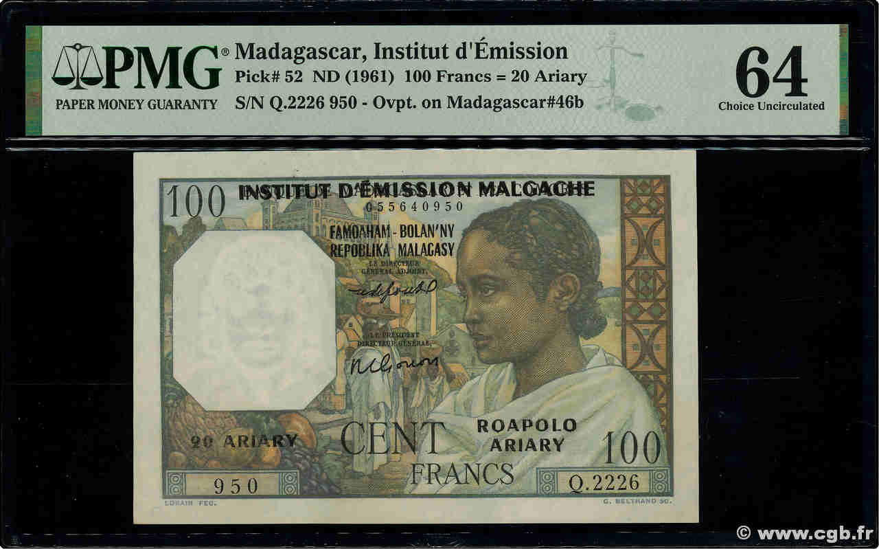 100 Francs - 20 Ariary MADAGASCAR  1961 P.052 UNC-