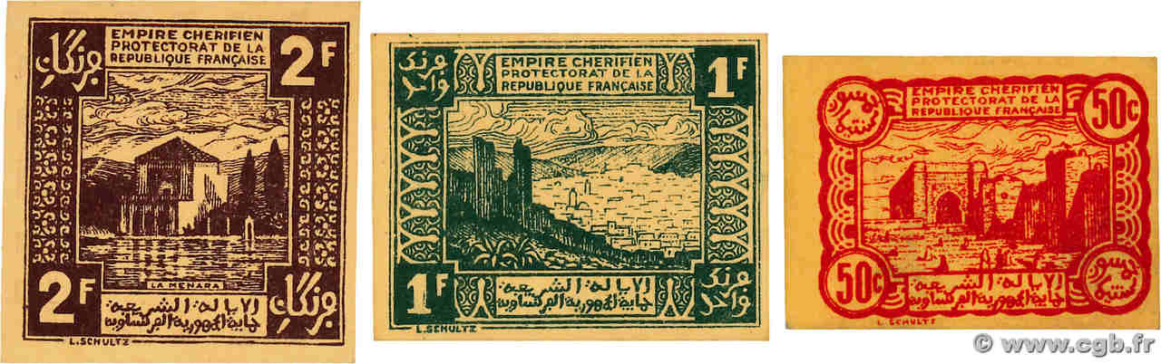 50 Centimes, 1 et 2 Francs MAROC  1944 P.41 au P.43 NEUF